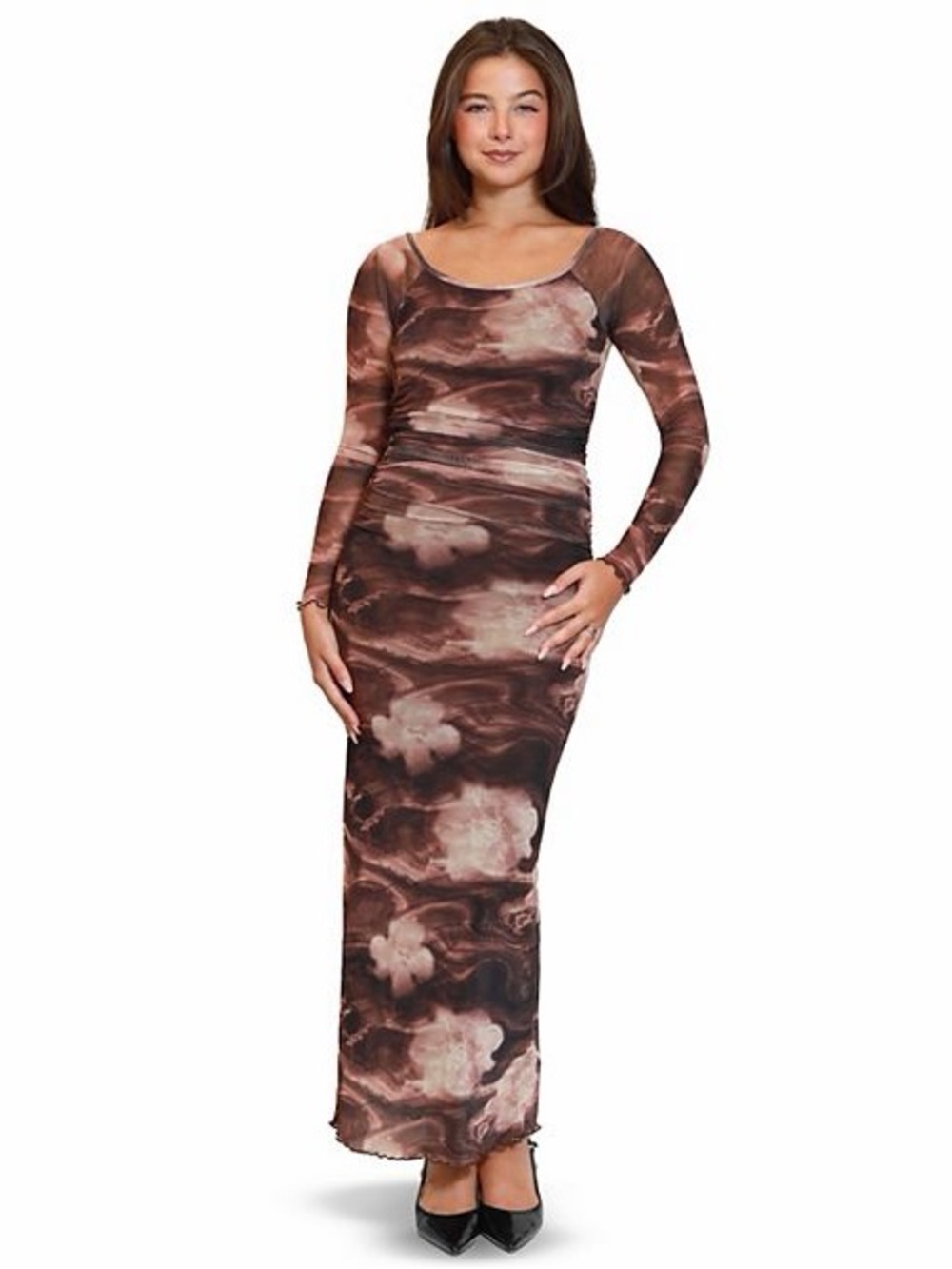 Madden Girl Brown & Cream Marble-Print Long Sleeve Maxi Dress